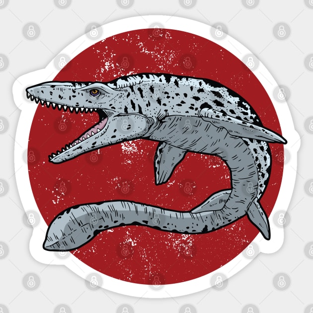 Mosasaurus on Red Circle Sticker by danchampagne